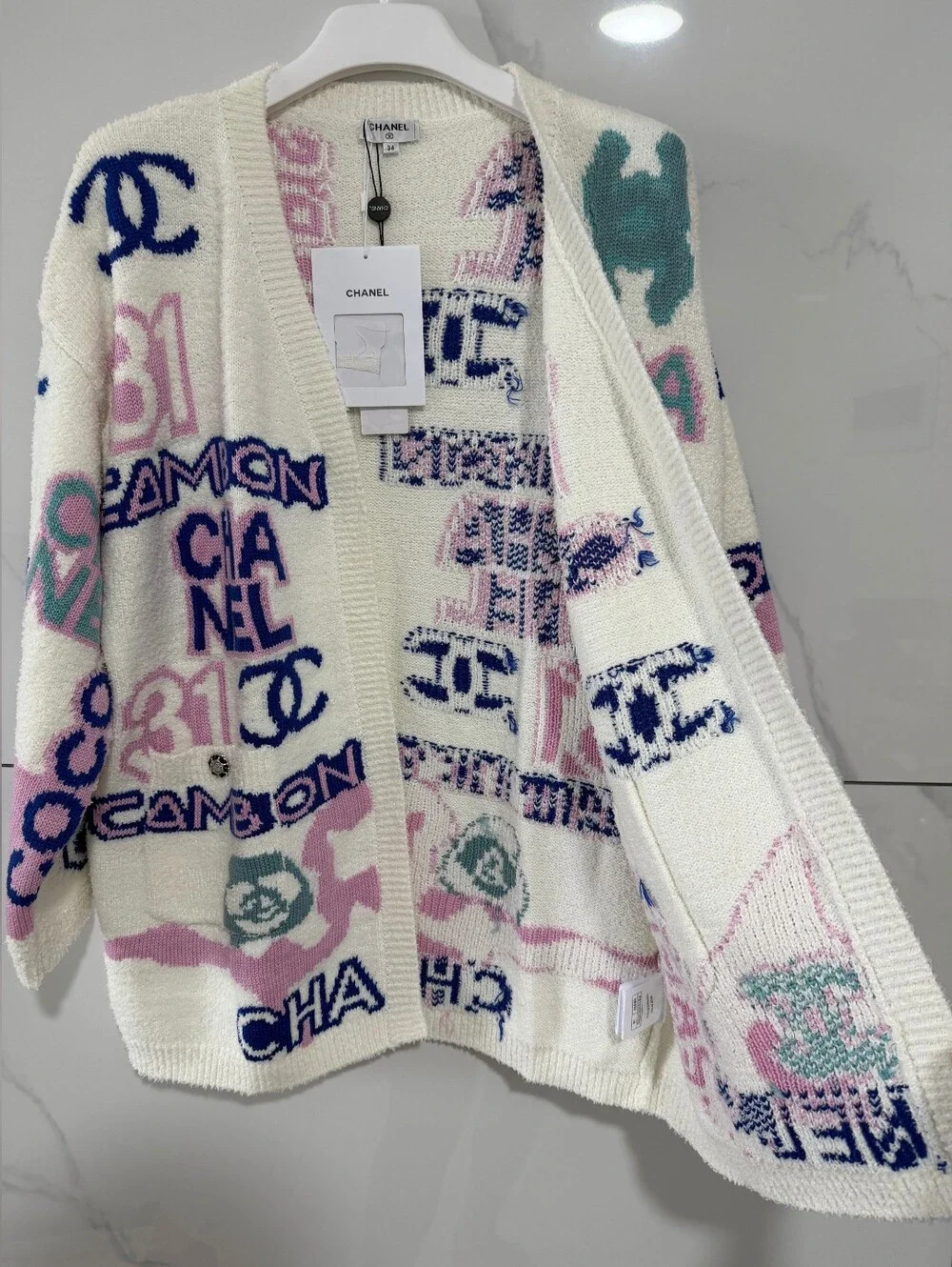 Chanel Cream Logo Graphic Knit Cardigan